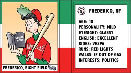 Verona Arsenal Italian baseball team trading card Frederico right fielder rides Vespa socialist politics bio likes dislikes