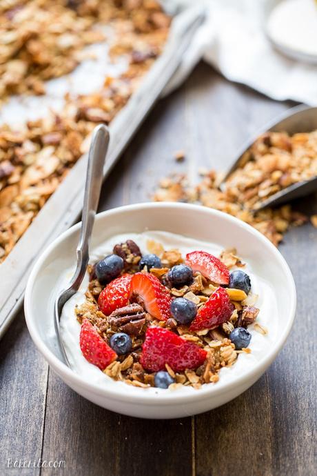 Protein Granola (Gluten Free + Vegan) This crunchy Protein Granola gets a major dose of protein & fiber from a secret ingredient - lentils! This gluten-free & vegan granola is a delicious and filling breakfast or snack.