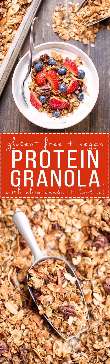 Protein Granola (Gluten Free + Vegan) This crunchy Protein Granola gets a major dose of protein & fiber from a secret ingredient - lentils! This gluten-free & vegan granola is a delicious and filling breakfast or snack.