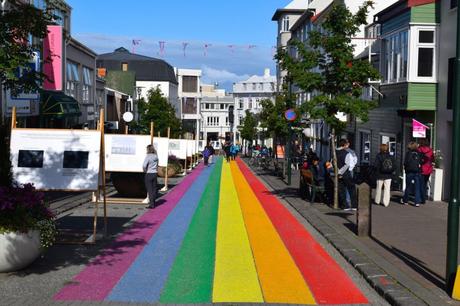A street painted with rainbow colors in Reykjavik