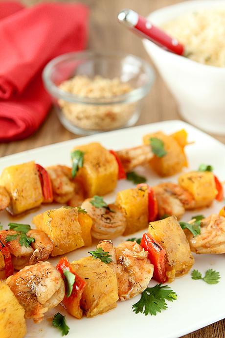 Thai Peanut Shrimp Skewers with Pineapple and Red Peppers