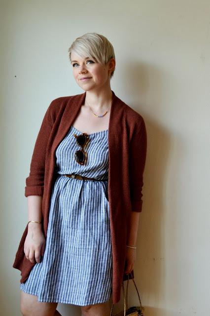 Look of the Day: Striped Linen Dress & Rust Cardigan