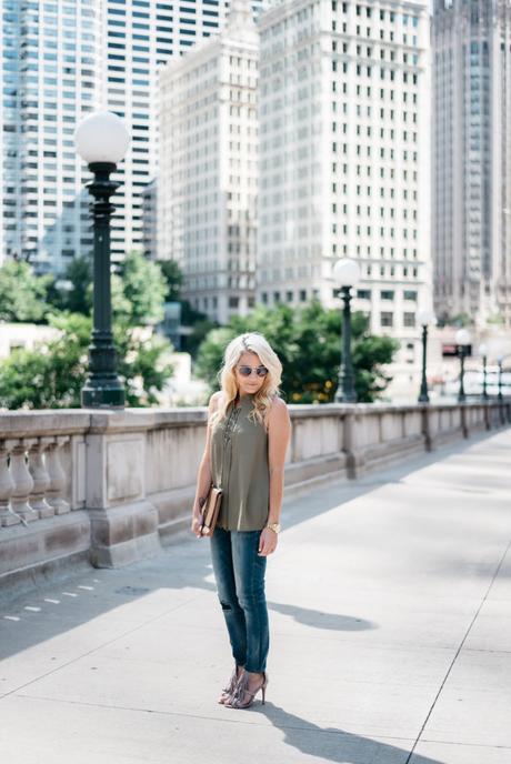 Transitioning from summer to fall with jeans. When transitioning from summer to fall with jeans it's important to mix different pieces that can balance each other. Mixing jeans with sleeveless tops and open toed shoes help keep your fall look light and airy. Click through to see more tips!