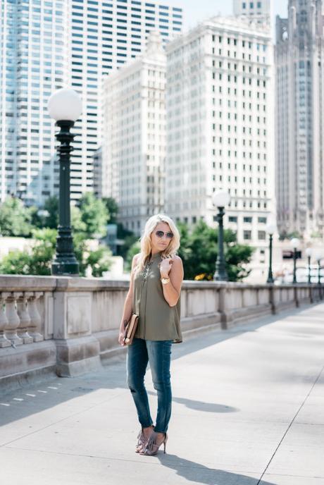 Transitioning from summer to fall with jeans. When transitioning from summer to fall with jeans it's important to mix different pieces that can balance each other. Mixing jeans with sleeveless tops and open toed shoes help keep your fall look light and airy. Click through to see more tips!