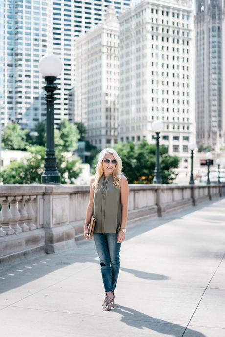 Transitioning from summer to fall with jeans. When transitioning from summer to fall with jeans it's important to mix different pieces that can balance each other. Mixing jeans with sleeveless tops and open toed shoes help keep your fall look light and airy. Click through to see more tips!