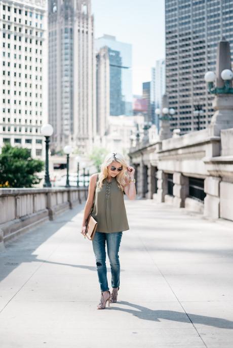 Transitioning from summer to fall with jeans. When transitioning from summer to fall with jeans it's important to mix different pieces that can balance each other. Mixing jeans with sleeveless tops and open toed shoes help keep your fall look light and airy. Click through to see more tips!
