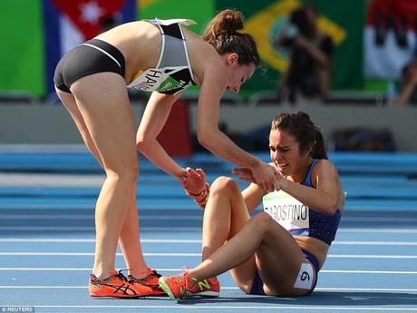 Olympic Spirit ~ amidst hot exchanges runners D'Agnostino of USA  and Nikki Hamblin of New Zealand display rare quality