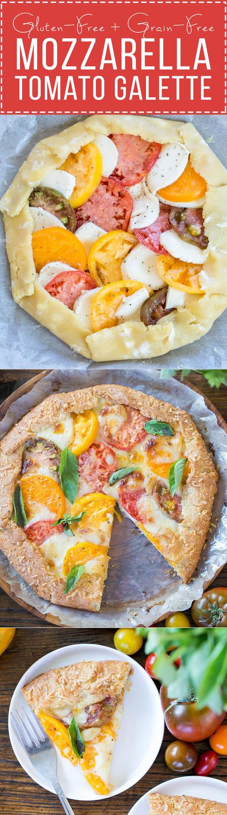Mozzarella Heirloom Tomato Galette with Parmesan Crust (Gluten Free + Grain Free) This Mozzarella Heirloom Tomato Galette showcases beautiful heirloom tomatoes bubbling with melted mozzarella cheese, all tucked into a gluten-free + grain-free Parmesan crust.