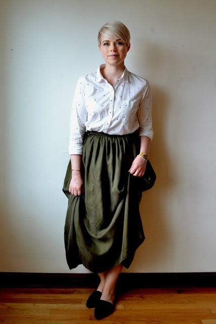 Look of the Day: Olive Silk Skirt & Polka Dot Blouse