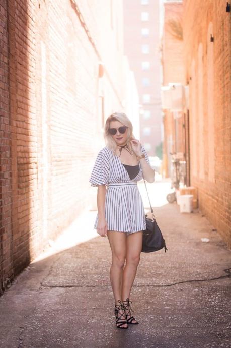 Striped romper from Mo and Cho Boutique; pair with a pair of strappy heels for the perfect nighttime look. 