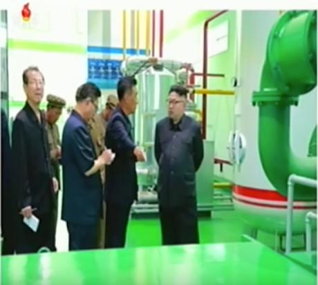 Kim Jong Un tours the Medical Oxygen Factory. Also in attendance (left) is WPK Vice Chairman for Science and Education, WPK Political Bureau Member and Supreme People's Assembly Speaker (chairman) Ch'oe T'ae-pok (Photo: Korean Central Television).