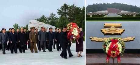 Senior DPRK officials participate in a floral wreath laying ceremony at the Revolutionary Martyrs' Cemetery in Pyongyang (left) and Kim Jong Un's wreath at the cemetery on September 15, 2016 (Photo: Rodong Sinmun).