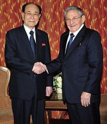 Kim Yong Nam shakes hands with Cuban President Raul Castro on the sidelines of the NAM summit (Photo: Prensa Latina)