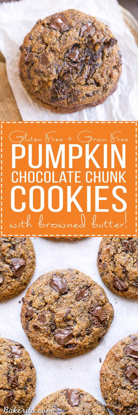 Pumpkin Chocolate Chunk Cookies (Gluten Free + Grain Free) These Pumpkin Chocolate Chunk Cookies are made with browned butter, Cassonade sugar and flavored with cinnamon, nutmeg + cloves! You'll love the big dark chocolate chunks in these gluten-free + grain-free cookies.