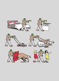 Image: Rectangle Refrigerator Magnet - Zombie Monster Daily Life Cooking, Walking Dogs, Mowing Lawn, Bullfighting, Dancing