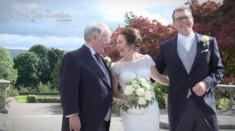 formal wedding photographs with father of the bride and laughing for video