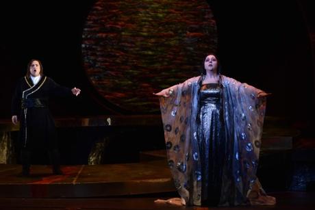 Princess Turandot (soprano Christine Goerke) addresses Calaf, who has announced he will attempt to solve her deadly riddles. | ohotos by Kelly and Massa for Opera Philadelphia