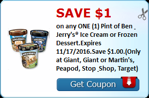 Save $1.00 on any ONE (1) Pint of Ben & Jerry's® Ice Cream or Frozen Dessert.Expires 11/17/2016.Save $1.00.(Only at Giant, Giant or Martin's, Peapod, Stop & Shop, Target)