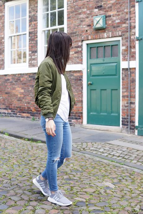 Casual Weekend Sunday Outfit Personal Style Khaki Bomber Jacket Adidas NMDs Trainers 