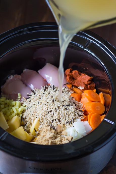 This Thai Slow Cooker Chicken and Wild Rice Soup is an easy dump and go crock pot recipe!