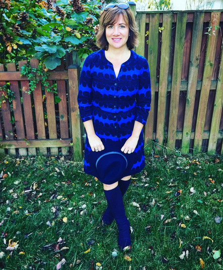 #FROCKTOBER | Day 25 Wearing #Boden from top to bottom in today's #ootd -- corduroy dress in navy and medium blue with (Elvis would be happy) blue suede (shoes) boots. #Mudd hat. It's chilly here and feels like fall. 🍁🍂🎃 Have a good evening, everyone! 