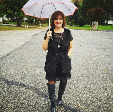 #FROCKTOBER Day 27 | Singing in the rain 🎶 as only 4 days remain of my month-long fashion feature for the blog. Today's #ootd features faux fur and lace. Dress #anntaylor; faux fur vest with thin belt by #jolt; lace-up black boots by #stevemaddenluxe. Fishnet stockings. See what I mean? Somehow I always gravitate toward black clothing. Happy Almost Friday, all! 💌💌💌