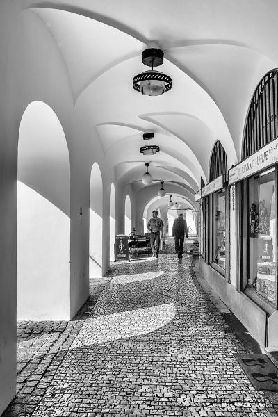 Prague, Czech Republic, Old Town, walkway, architecture, moorish, black and white, travel, street photography