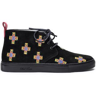 Cross Colors:  Del Toro Shoes Black Velour Chukka Sneaker With Yellow Cross Embroidery