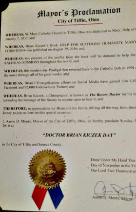 Catholic author Brian Kiczek honored by the Mayor of Tiffin, Ohio