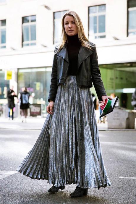 Silver Pleated Maxi And Cropped Leather Jacket