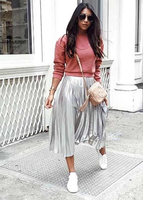 Metallic Silver Maxi Paired With Pink Sweater And White Sneakers