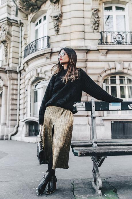 Gold Metallic Pleated Maxi Skirt And A Baggy Black Sweater