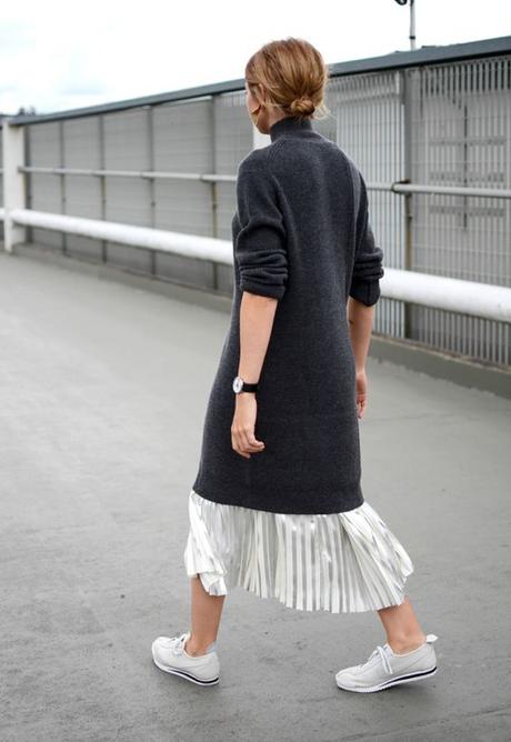 Sweater Dress Over Metallic Maxi Skirt Plus White Sneakers