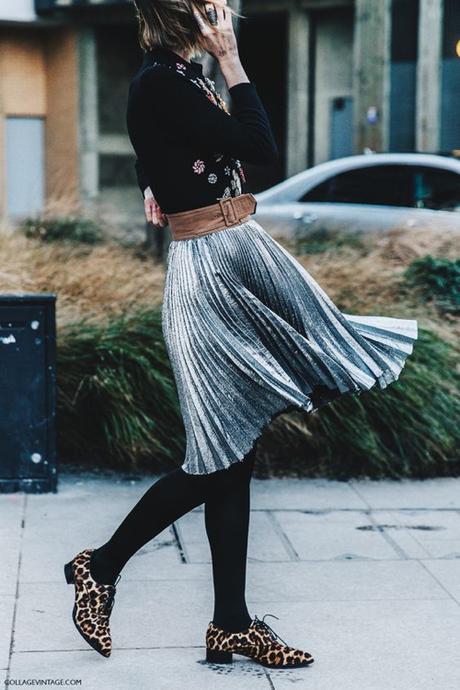 Pleated Skirt In Silver Metallic With a Wide Belt and Black Tights