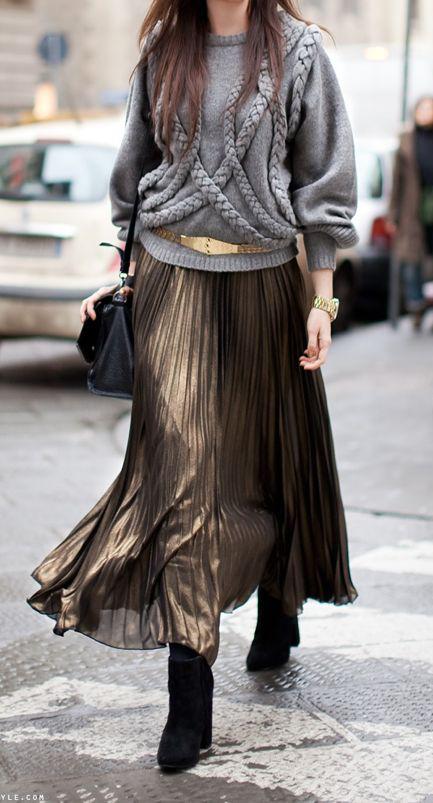Bronze Metallic Maxi And Belted Textural Sweater