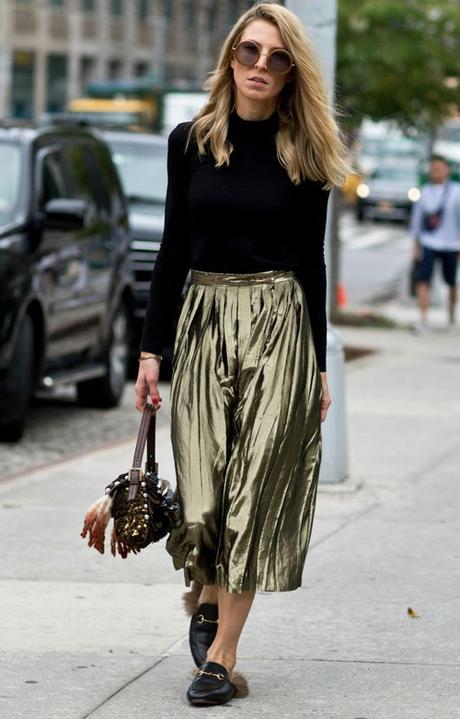 Gold Skirt And Fur-Lined Gucci Loafers