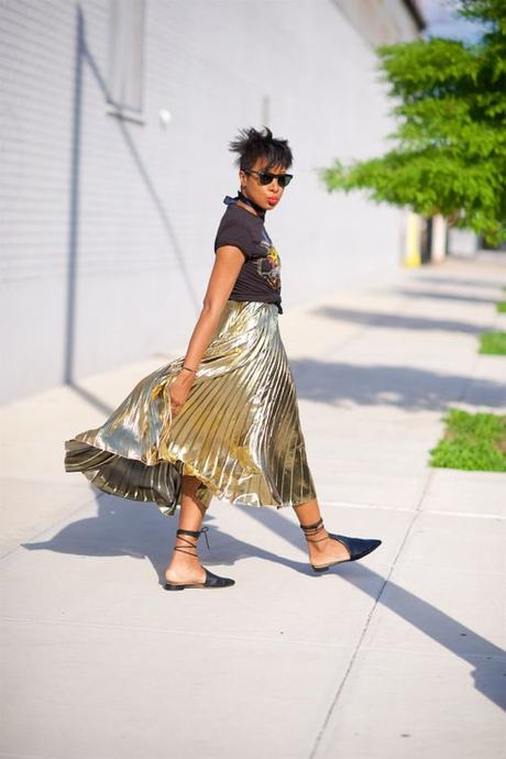 Gold Metallic Skirt Paired With Graphic T-Shirt