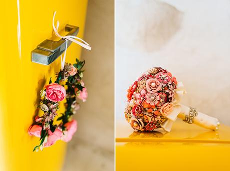 Colorful boho wedding in Santorini | Maxine & Lorenz vintage-brooches-bouquet