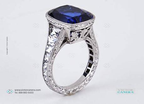 makeable's 9 Carat Cushion Cut Tanzanite Ring with Vintage Tapered French Cut Diamonds (Side Angle View) - image by Victor Canera