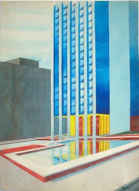 Mid-Century Modern Architectural Watercolor Painting