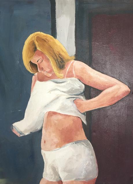 Mid-Century Oil Portrait of Woman Changing 
