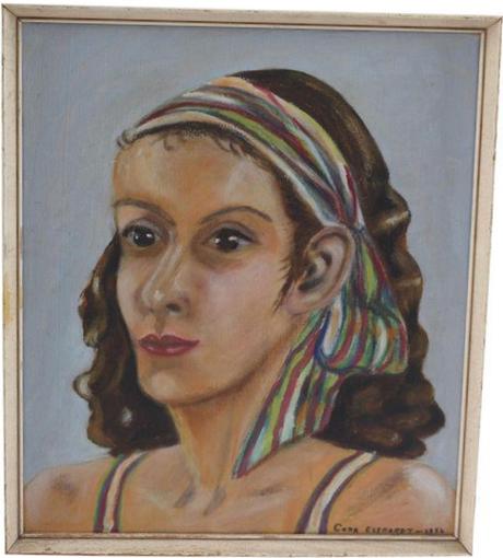 VIntage Portrait Of Woman WIth Ribbon In Oil