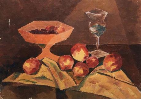 Vintage Still LIfe Painting Of Fruit And Pedestal Bowl