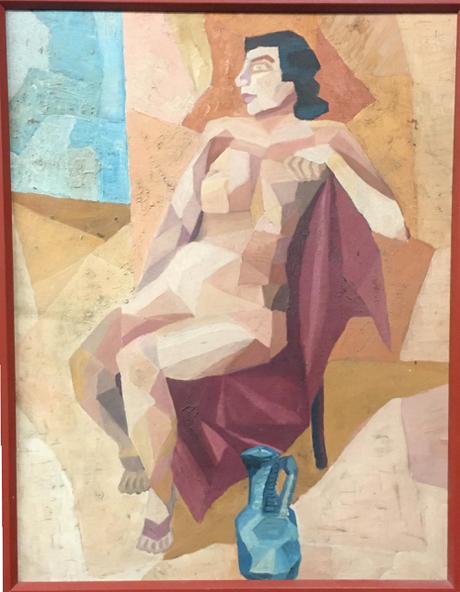 Mid-Century Cubist Nude Oil Mid-Century Cubist Nude Oil Painting Of Seated Woman