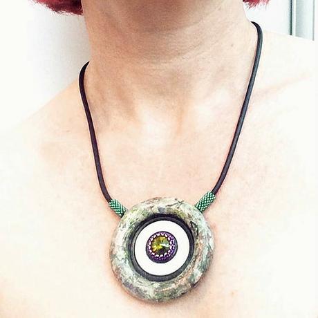 Contemporary Layered Paper Jewelry and Home Accessories - Dani Crompton Designs MixUp Circle Pendant of Paper, Rubber, Newspaper, Swarovski Crystals - Dani Crompton Designs