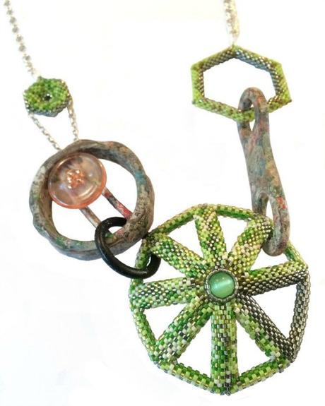 Contemporary Layered Paper Jewelry and Home Accessories - Dani Crompton Designs Mixed Links Trilogy Necklace No.3 of Glass Beading, Silver, Acrylic, Newspaper and Rubber - Dani Crompton Designs