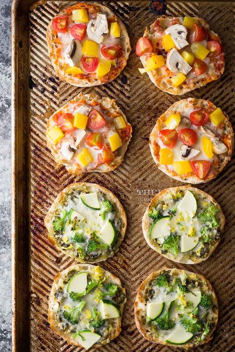Freezer Mini Pizzas 2 Ways: with pizza sauce and with pesto (green goddess). These are the perfect healthy meal prep snack that you can make ahead and stash in the freezer!