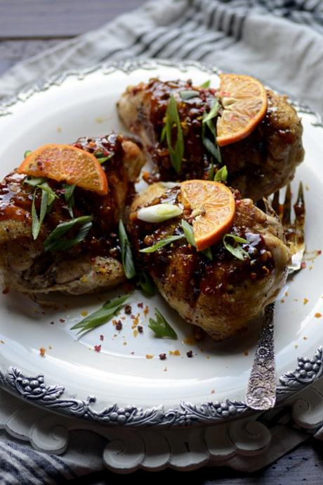 orange sriracha glazed chicken with peppercorns