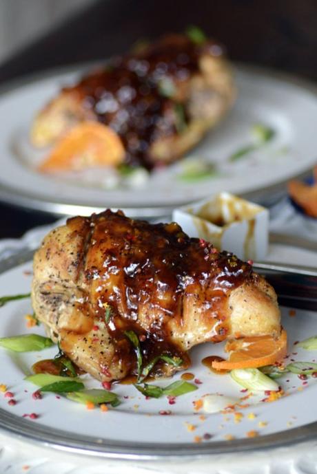 orange sriracha glazed chicken with peppercorns