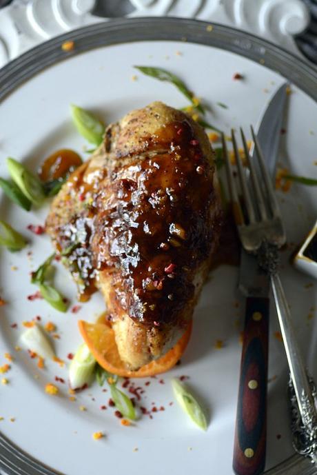 orange sriracha glazed chicken with peppercorns